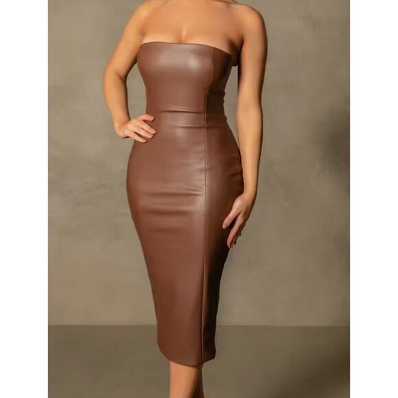Meshki Dresses & Skirts - Meshki NWT Pamela Strapless Faux Leather Dress Chocolate Midi XS